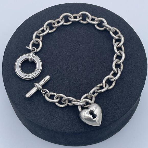 LAGOS Heart Lock Charm Sterling Silver Bracelet 925 Rolo Toggle Luxury Vintage - Picture 4 of 9